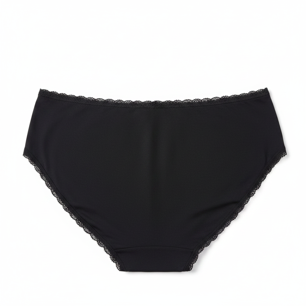 Black seamless bikini underwear back view on white background